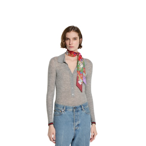 Allover floral print silk neck bow