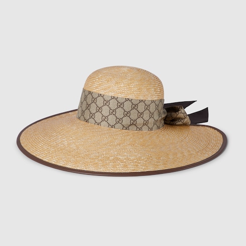 Cappello a falda larga in paglia con fiocco GG