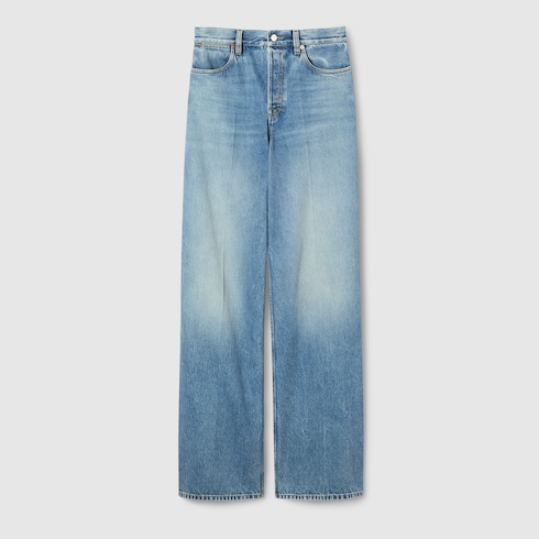 Wide leg denim pants in light blue | GUCCI® MX