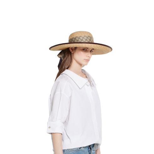 Straw wide brim hat with GG bow