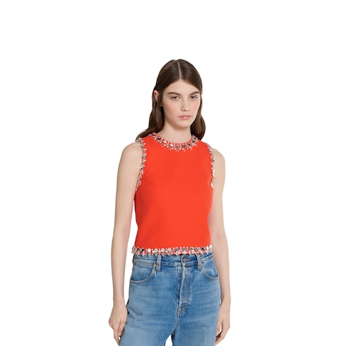Top de crepé de seda y lana con bordado