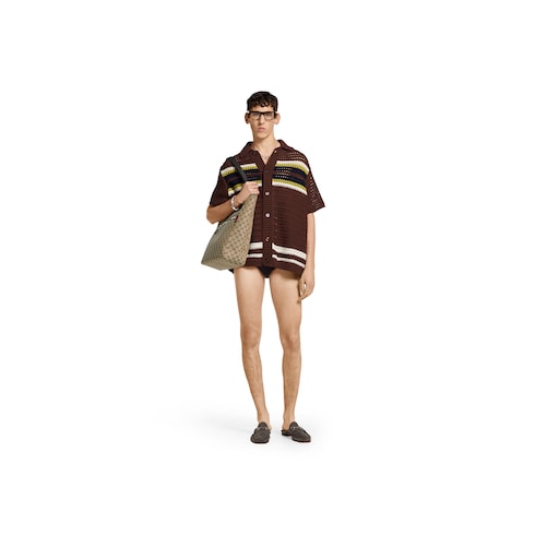 Crochet cotton knit polo shirt with stripes