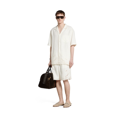 Linen bowling shirt with embroidery