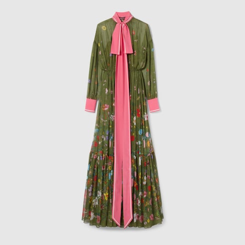 Langes Faltenkleid aus Seide mit Print