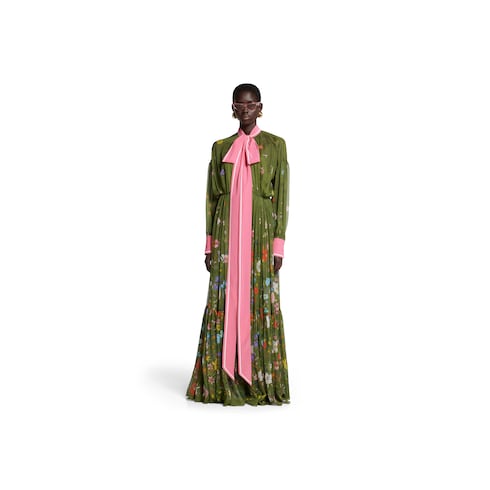 Printed long silk pleated dress