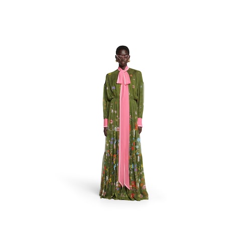 Printed long silk pleated dress