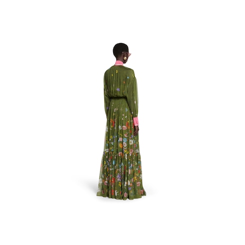 Printed long silk pleated dress