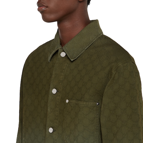 Camicia in denim di cotone GG jacquard con effetto bleached