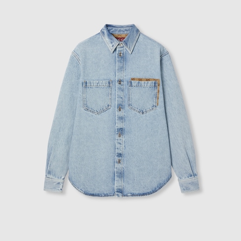 Washed denim shirt with GG insert Detail 2