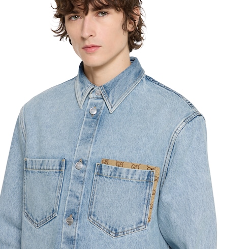 Washed denim shirt with GG insert Detail 5