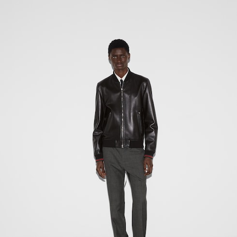 Leather bomber jacket with Web in Black Undefined | GUCCI® SI