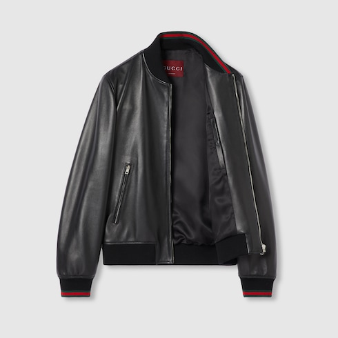 Leather bomber jacket with Web in Black Undefined | GUCCI® SI
