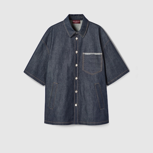 Camicia in denim cimosato di cotone con logo