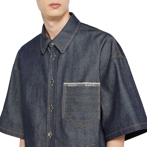 Camicia in denim cimosato di cotone con logo