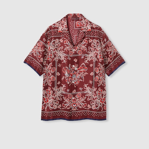 Printed silk twill bowling shirt