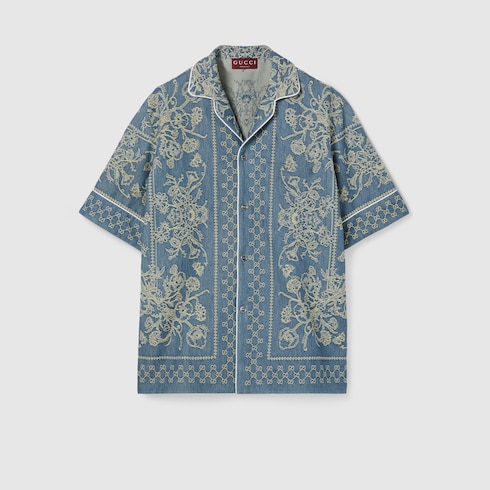 Camicia in denim délavé GG jacquard