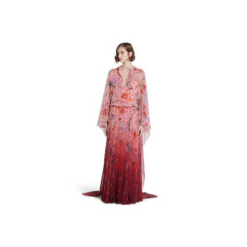Printed georgette long pleated dress