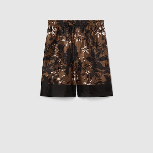 Printed silk twill shorts in dark brown and camel | GUCCI® IE