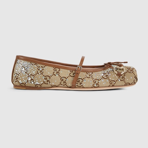 Gucci Horsebit系列女士GG水晶芭蕾平底鞋 