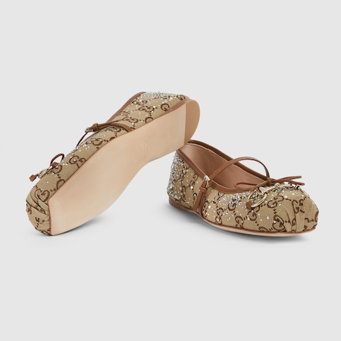 Gucci Horsebit系列女士GG水晶芭蕾平底鞋 