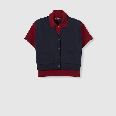 Wool silk polo top with vest overlay
