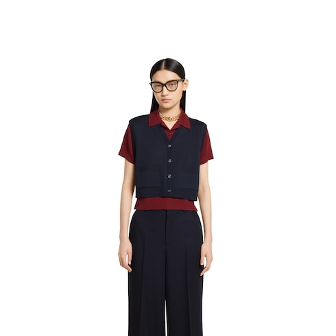 Wool silk polo top with vest overlay