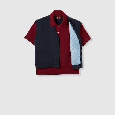 Wool silk polo top with vest overlay