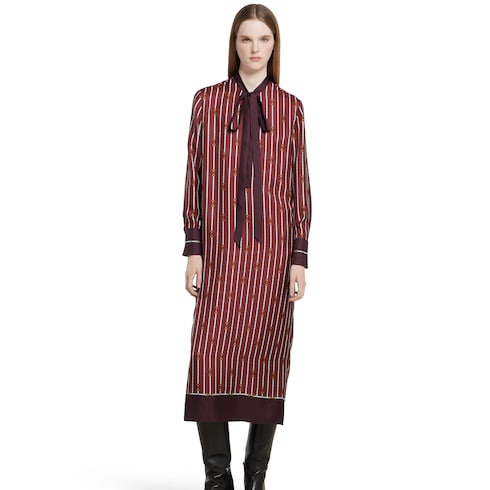 饰蝴蝶结印花斜纹桑蚕丝连衣裙in红色和古驰安可拉红| GUCCI® AE