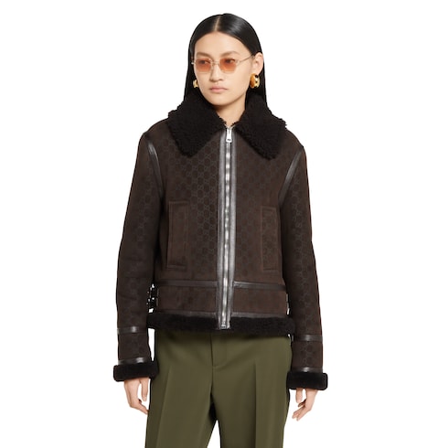 Giacca in pelle scamosciata e shearling stampata