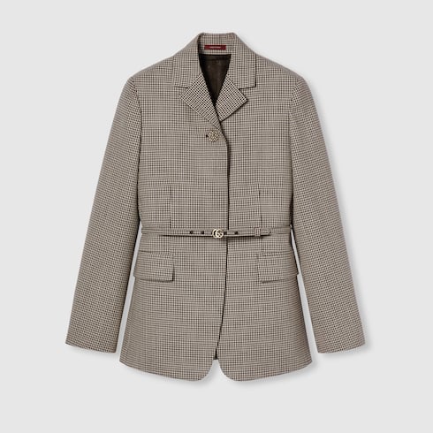 Gingham wool jacket with belt
