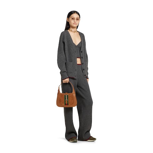 Cardigan in lana feltrata a coste con Web