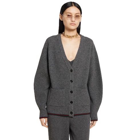 Cardigan in lana feltrata a coste con Web