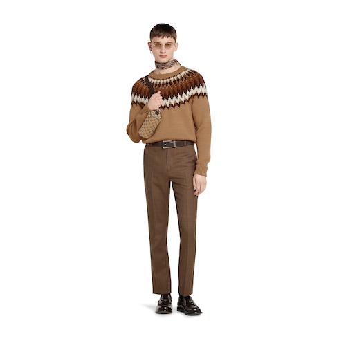 Pantalones con tejido de lana con motivo de pata de gallo con bordado 