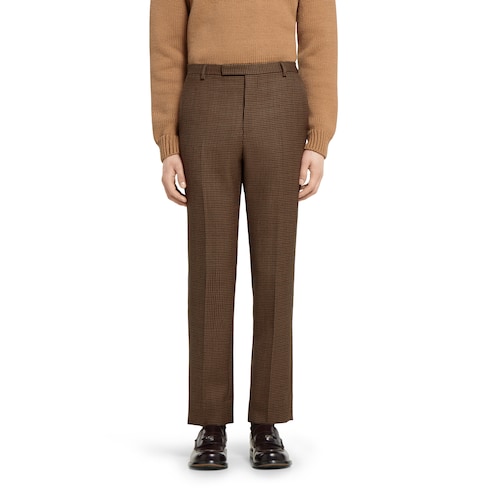Pantalon en laine à imprimé pied-de-poule avec broderie 