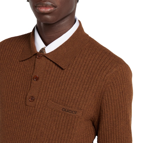 Wool cashmere rib knit polo shirt