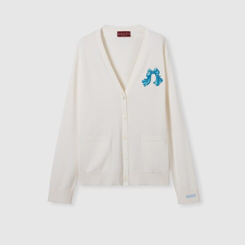 Cardigan in lana ultrafine con patch