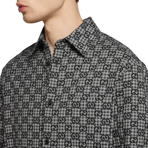 Chemise en jacquard de laine et coton vichy GG