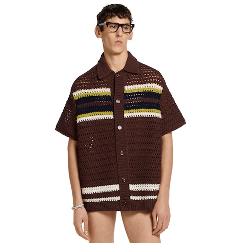Crochet cotton knit polo shirt with stripes
