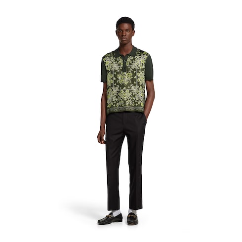 Printed silk cotton knit polo shirt