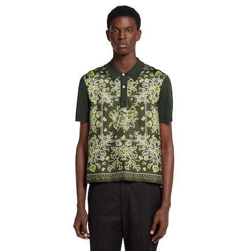 Printed silk cotton knit polo shirt