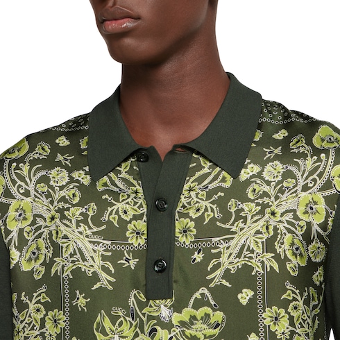 Printed silk cotton knit polo shirt