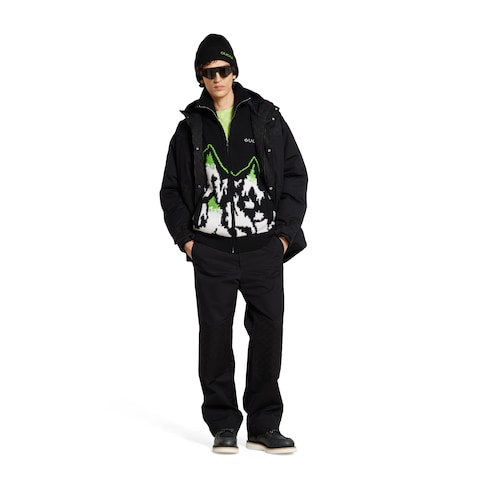 Wool jacquard zip jacket with intarsia
