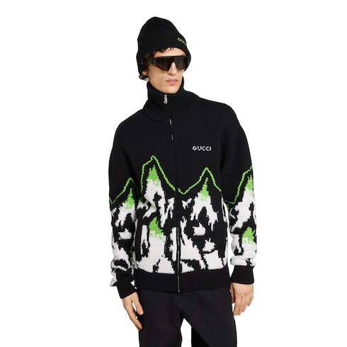 Vesté zippée en jacquard de laine avec intarsia