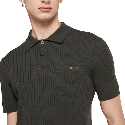 Wool cashmere rib knit polo shirt