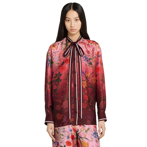 Camicia in seta stampata con fiocco al collo