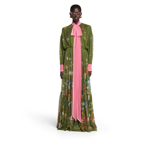 Printed long silk pleated dress