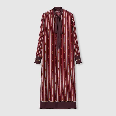 Printed silk twill dress with bow