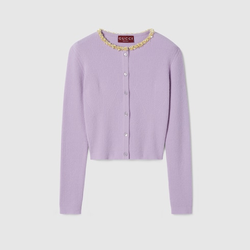 Rib felted wool cardigan with embroidery