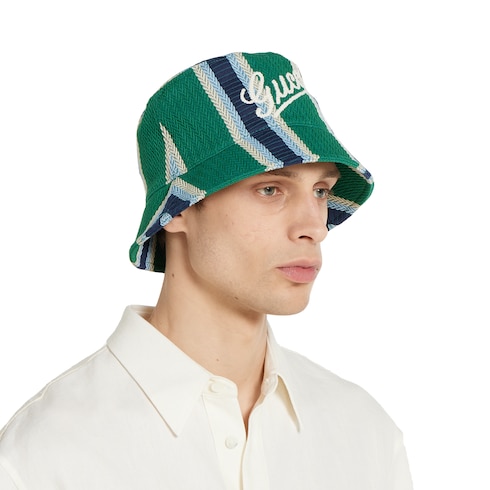 Striped canvas bucket hat with embroidery