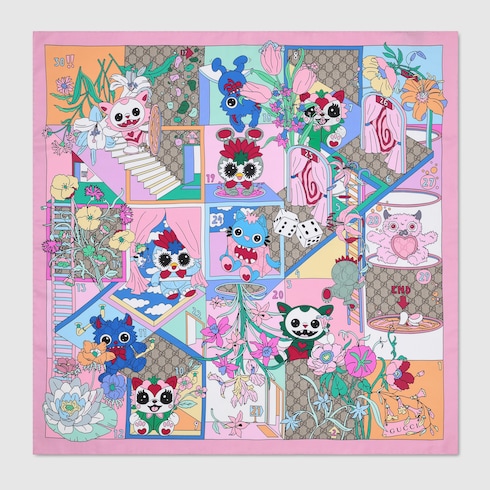 Gucci Besties系列印花斜纹桑蚕丝方巾